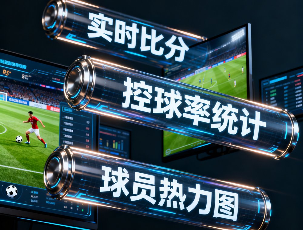 实时赛事数据仪表盘界面，多块屏幕上滚动显示足球比赛实时比分、控球率统计和球员热力图，深色科技感界面设计